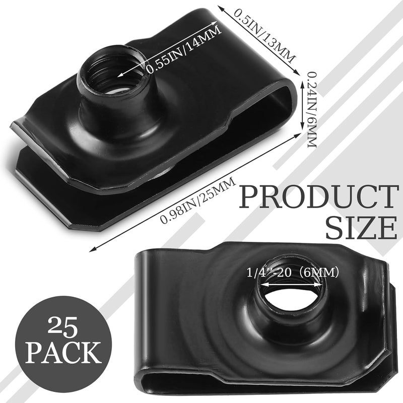 Yaocom 25 Pcs Extruded U Type Nuts Bumper Fender U Style Clip on Nut Extruded U Style Spring Nuts Black Fasteners for Automotive Metal Fender Grill Retainer Clips(1/4''-20) - Image 2